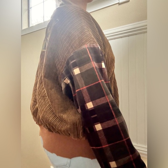 Brown Corduroy Jacket with Plaid Sleeves - Picture 8 of 9